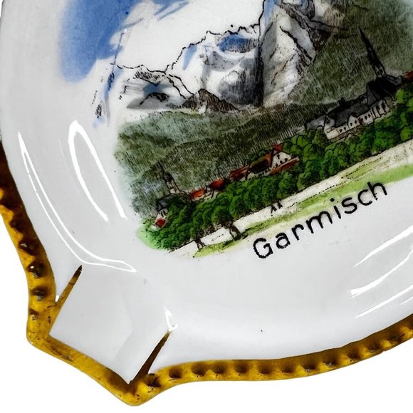 Garmisch Germany Ashtray Hand Painted Bavaria Ceramic Triangle Gold Trim Vintage - Picture 5 of 8